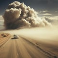 Dust cloud after a car passing on a desert road Royalty Free Stock Photo