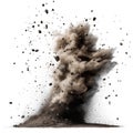 Dust cloud explodes, creating a powerful whirlwind effect. Brown dirt, rocks fly in mid-air. Abstract concept image depicting