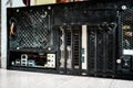 Clean black computer pc processor cooler with mainboard and computer case fragment lay on side Royalty Free Stock Photo