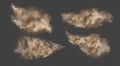 Dust explosion, sandstorm, powder burs on transparent background. Desert wind with cloud of dust and sand. Set of