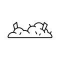 Dust heap. Black linear icon of house mud or litter. Pile of powder with sticking hair, small debris. Contour isolated vector