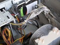 Dust in the personal computer case. Video card, cooler and other computer components covered with heavy dust Royalty Free Stock Photo