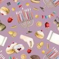 Dust pink Hanukkah watercolor seamless pattern with traditional symbols, food bakery. Jewish holiday donuts, dreidels Royalty Free Stock Photo