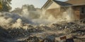 Dust and rubble swirling in the air the aftermath of a sinkhole that forcefully tore apart a once peaceful neighborhood