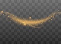 The dust sparks and golden stars shine with special light. Vector sparkles on a transparent background. Christmas light effect. Royalty Free Stock Photo