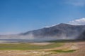 Dust storm on the bottom of dried Bartogay reservoir. Weather background. Nature abstract background Royalty Free Stock Photo
