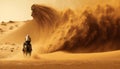 Dust storm in the sand dunes, a man sits on the back of a camel with a white cape on his head