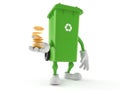 Dustbin character with stack of coins Royalty Free Stock Photo