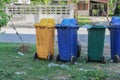 Dustbins in the colors blue, yellow. recycling of large bins