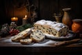 A dusted stollen loaf with raisins and berries, accompanied by festive candles.