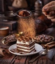 Dusting tiramisu-like cake with cocoa powder. Still life with slice of cake and coffee and cacao beans on wooden table