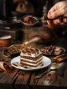 Dusting tiramisu-like cake with cocoa powder. Still life with slice of cake and coffee and cacao beans on wooden table