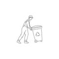 dustman worker with container for recycling waste. Cleaning environment from trash. Vector black white doodle line