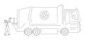 dustman worker with dumpster and truck for recycling. Cleaning environment from trash. Vector black white doodle line