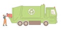 dustman worker with dumpster and truck for recycling. Cleaning environment from trash. Vector doodle line illustration.