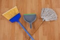 Dustpan, sweeping broom and mop
