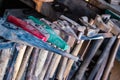 Antique tools and sledge hammers in an secondhand shop.