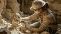 A dusty archaeologist carefully examines a delicate intricately carved figurine found within a crumbling temple