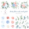 Dusty blue, blush pinkand coral rose, white hydrangea, peachy ranunculus Royalty Free Stock Photo