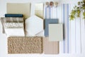 Dusty blue furniture board sample board and mood board as an interior design concept