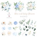 Dusty blue, ivory beige rose, white hydrangea, magnolia, peony, ranunculus, wedding flowers, greenery and eucalyptus Royalty Free Stock Photo