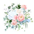 Dusty blue, peachy blush rose, white hydrangea, ranunculus, wedding flowers, greenery