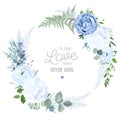 Dusty blue rose, white hydrangea, ranunculus, anemone, eucalyptus, greenery, juniper Royalty Free Stock Photo