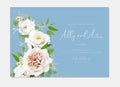 Dusty blue wedding invite card. Watercolor bouquet. Editable, floral vector illustration. Neutral taupe beige, white, light yellow