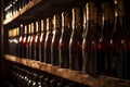 Dusty bottles of wine in the wine cellar. Blurred Perspective Royalty Free Stock Photo