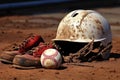 a dusty catchers helmet placed next to a chalk bag on the pitchers mound Royalty Free Stock Photo