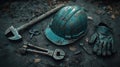 Dusty construction tools scattered on ground Royalty Free Stock Photo