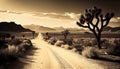 A dusty desert road, rugged, barren, arid, winding, expansive, captured with a vintage, Generative AI, illustration
