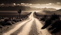 A dusty desert road, rugged, barren, arid, winding, expansive, captured with a vintage, Generative AI, illustration