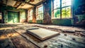 Dusty Desk in an Abandoned Urban Building A Blank Notebook Awaits Its Story Exploring Urban Decay and Architectural