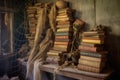 dusty old books stacked on a cobweb-covered shelf