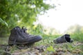 Missing and poverty concept: Abandoned shoe lying on the dusty ground Royalty Free Stock Photo