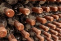 Dusty old wine bottles aging in a winery