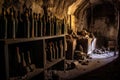 dusty old wine bottles in an underground cellar