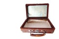 Dusty open brown leather suitcase