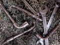 Dusty open end wrench on fir branches