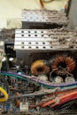 Dusty pc power supply components ,abstract background, soft focus close up