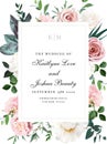 Dusty pink and cream rose, peony, hydrangea flower, tropical leaves vector design wedding frame