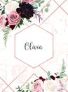 Dusty pink, creamy white antique rose, pale flowers, dark burgundy dahlia Royalty Free Stock Photo