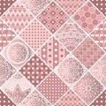 Dusty pink patchwork with geometric and mandala patterns. Vector design