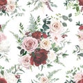 Dusty pink and red rose, burgundy peony, orchid, hydrangea flowers, sage eucalyptus, fern, greenery vector design