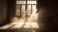 Dusty room with old distressed windows and sun rays. Abandoned grungy interior with lights in the dust. Generated AI.