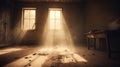 Dusty room with old distressed windows and sun rays. Abandoned grungy interior with lights in the dust. Generated AI. Royalty Free Stock Photo