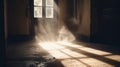 Dusty room with old distressed windows and sun rays. Abandoned grungy interior with lights in the dust. Generated AI. Royalty Free Stock Photo