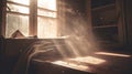 Dusty room with old distressed windows and sun rays. Abandoned grungy interior with lights in the dust. Generated AI. Royalty Free Stock Photo