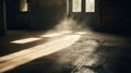 Dusty room with old distressed windows and sun rays. Abandoned grungy interior with lights in the dust. Generated AI. Royalty Free Stock Photo